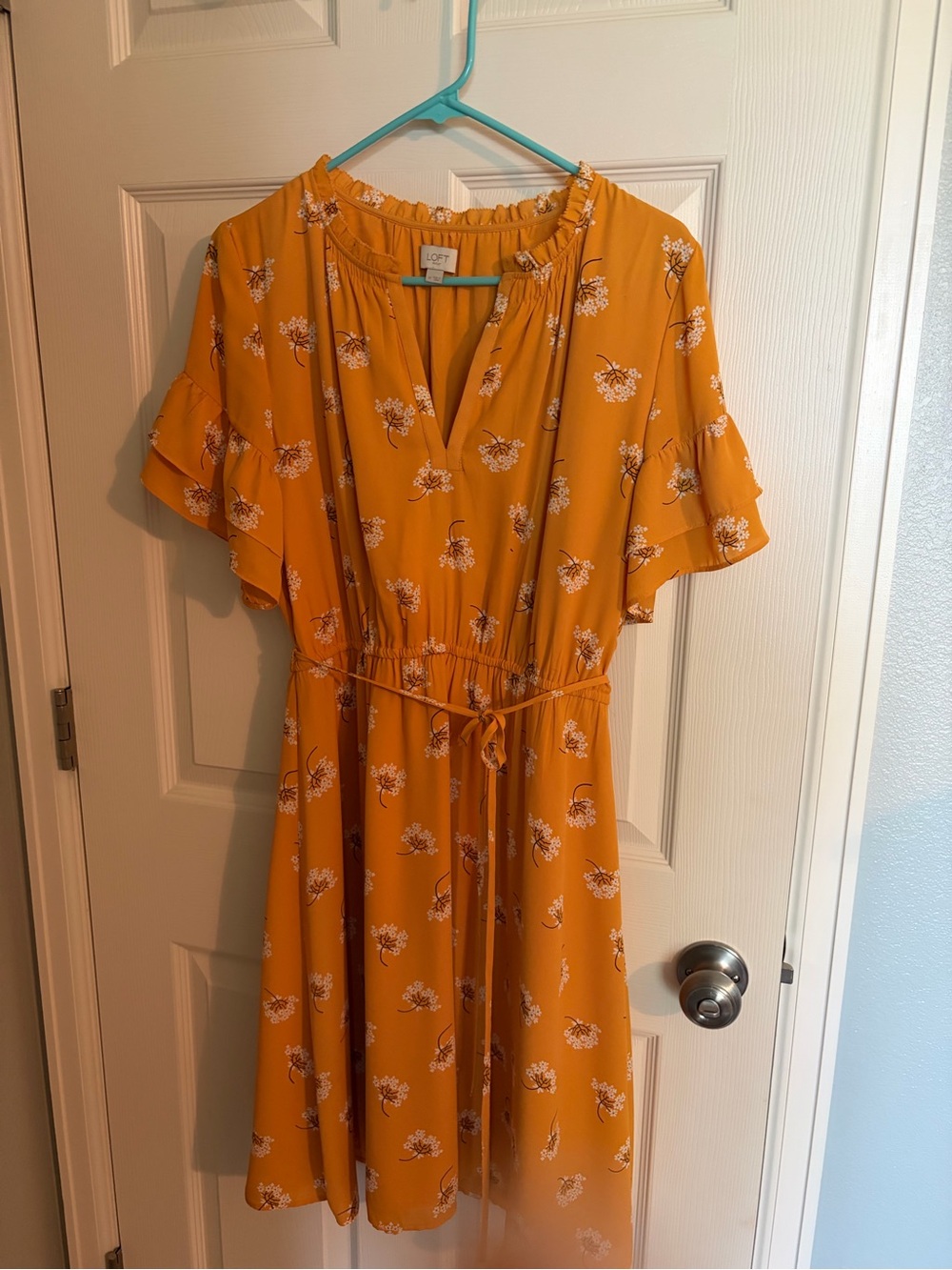 LOFT Mustard Floral Tie-Waist Flutter Sleeve Dress